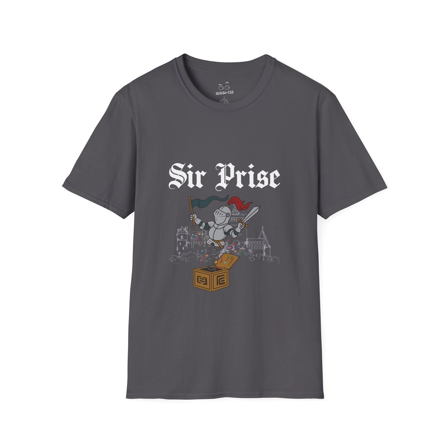 Sir Prise knight popping out of a jack-in-the-box with confetti, playful medieval surprise parody design
