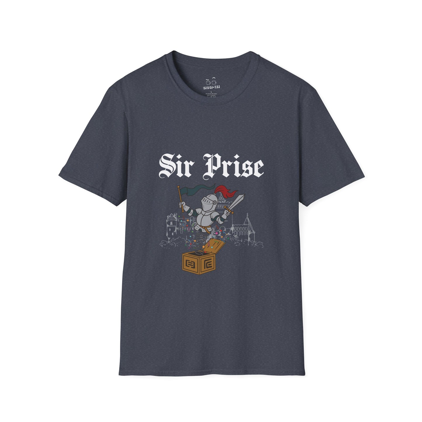 Sir Prise knight popping out of a jack-in-the-box with confetti, playful medieval surprise parody design
