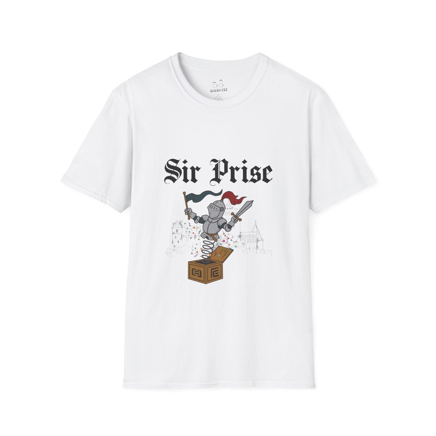 Sir Prise knight popping out of a jack-in-the-box with confetti, playful medieval surprise parody design