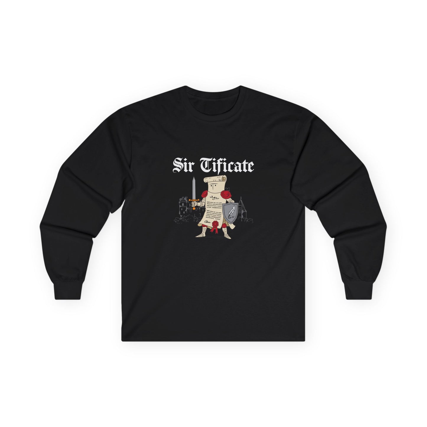 Sir Tificate certificate dressed in knight armor holding a sword and shield, humorous medieval parody design