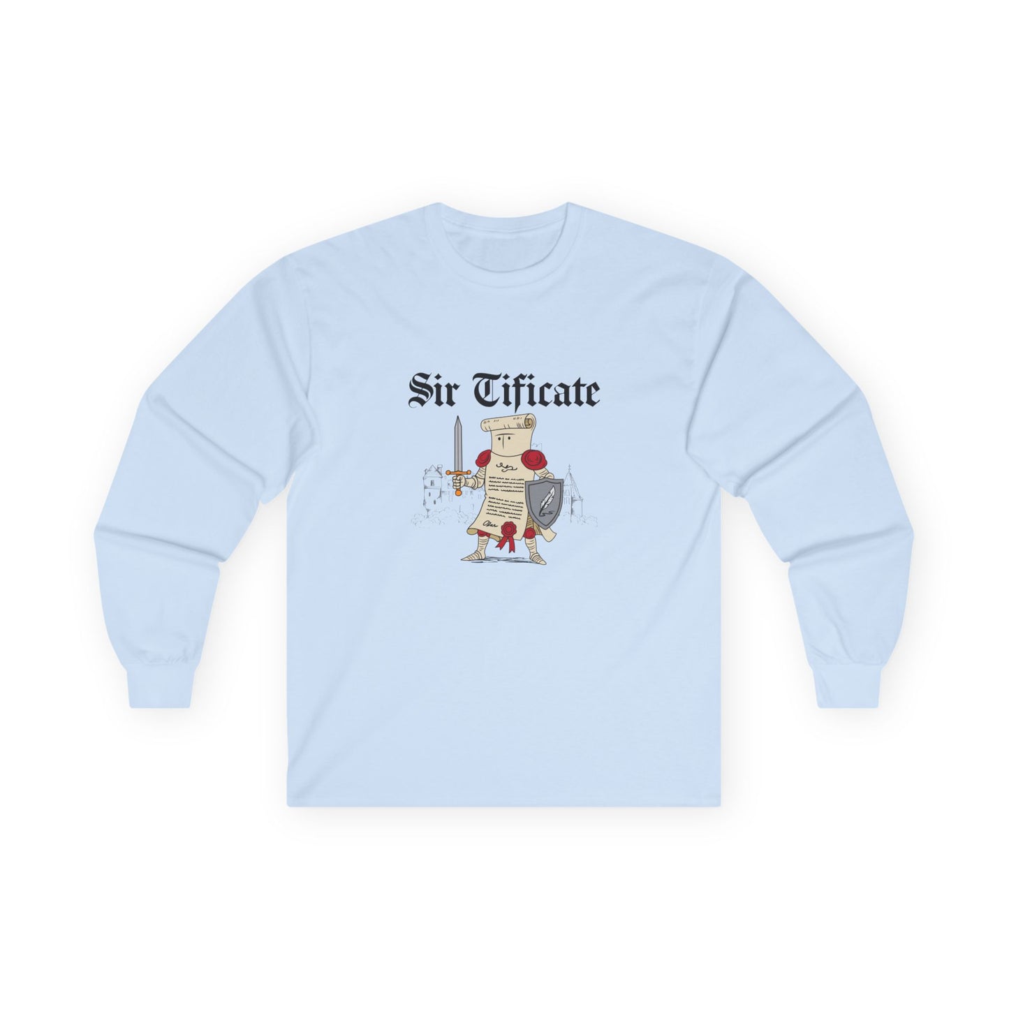 Sir Tificate certificate dressed in knight armor holding a sword and shield, humorous medieval parody design