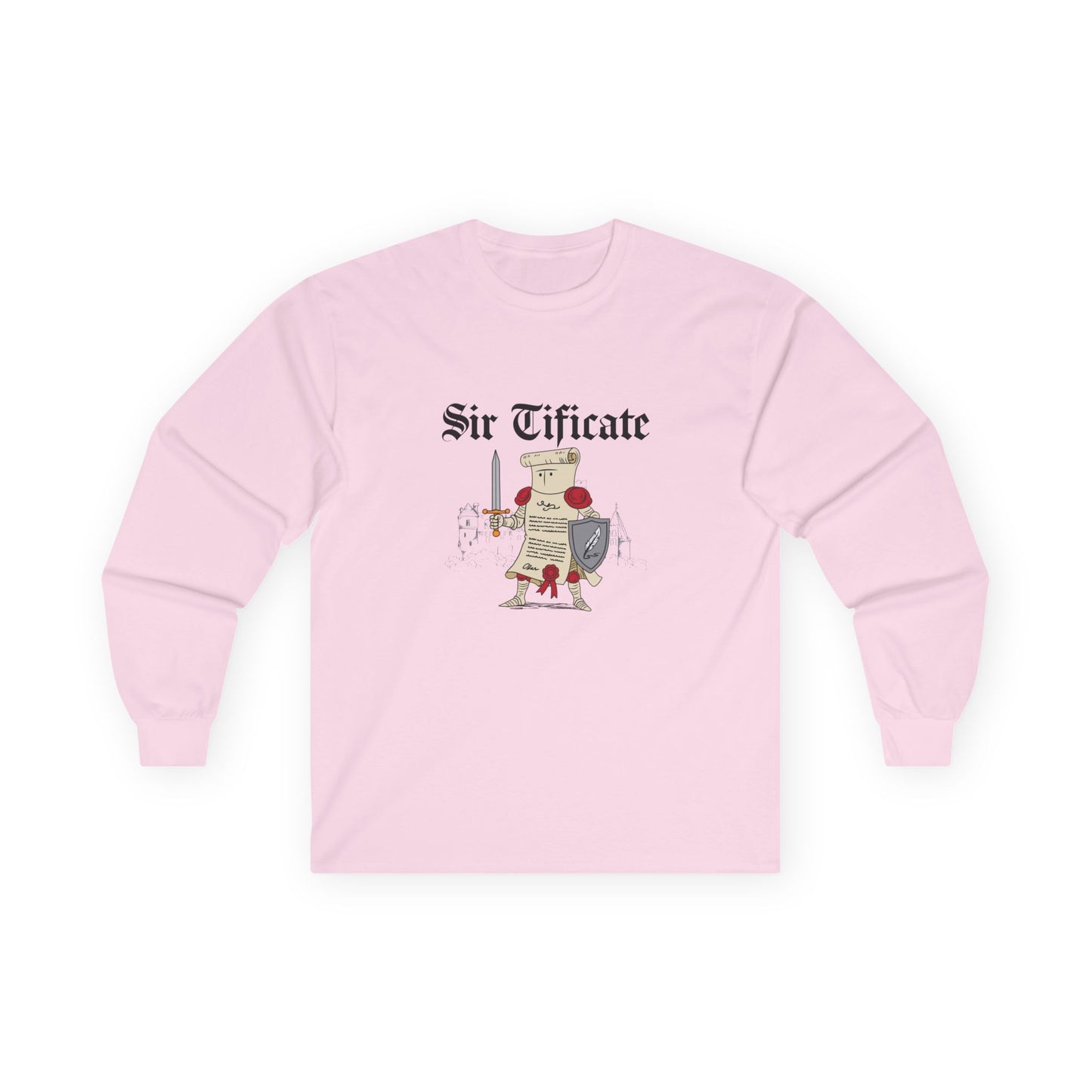 Sir Tificate certificate dressed in knight armor holding a sword and shield, humorous medieval parody design