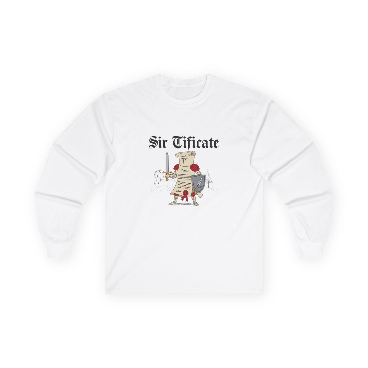 Sir Tificate certificate dressed in knight armor holding a sword and shield, humorous medieval parody design