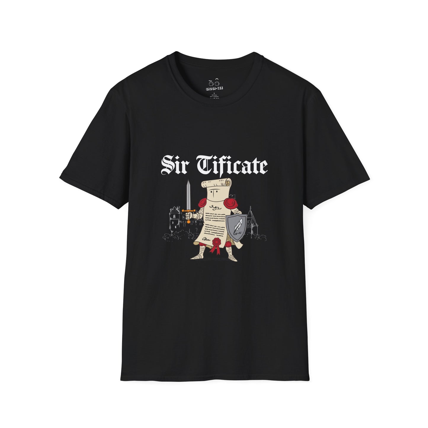 Sir Tificate certificate dressed in knight armor holding a sword and shield, humorous medieval parody design