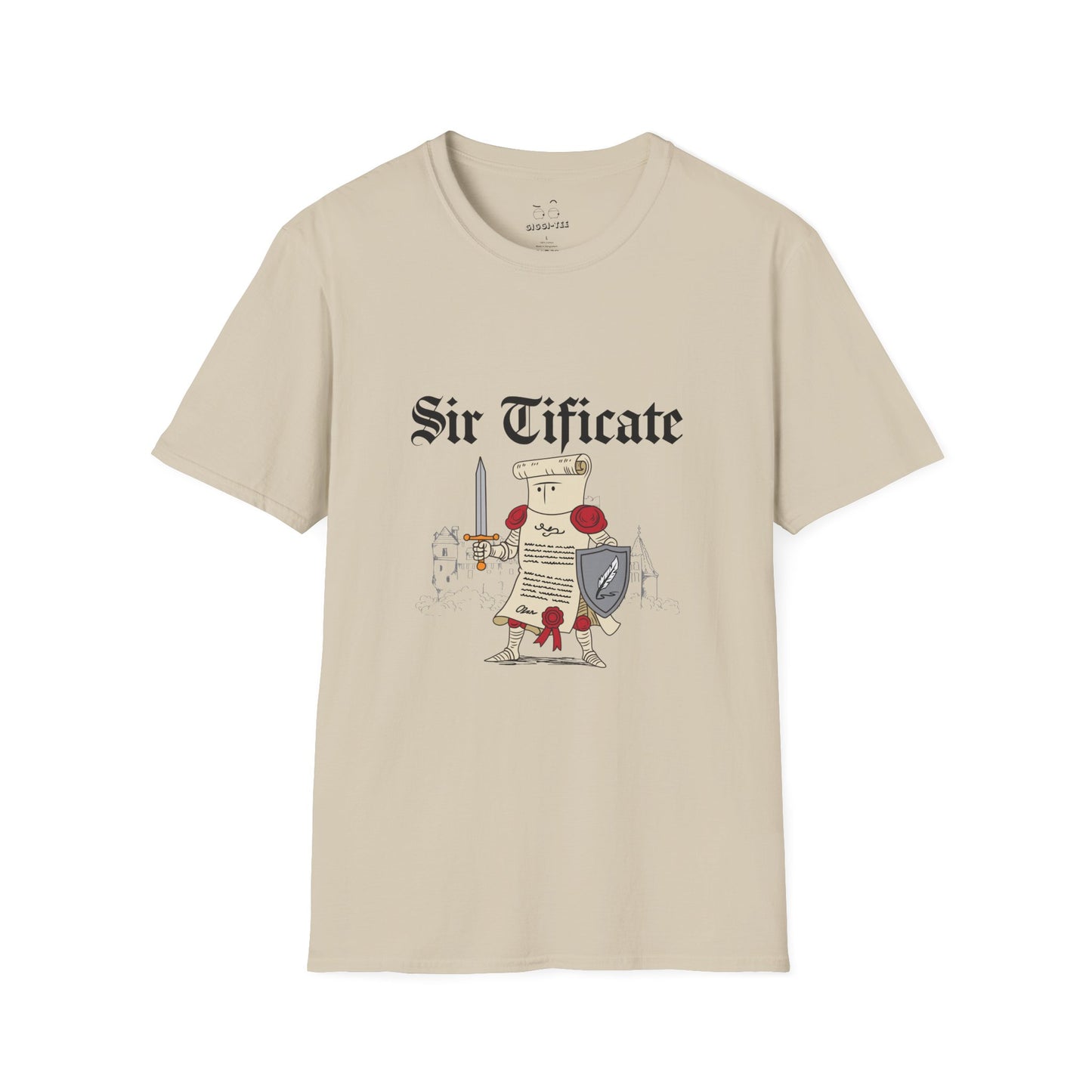 Sir Tificate certificate dressed in knight armor holding a sword and shield, humorous medieval parody design