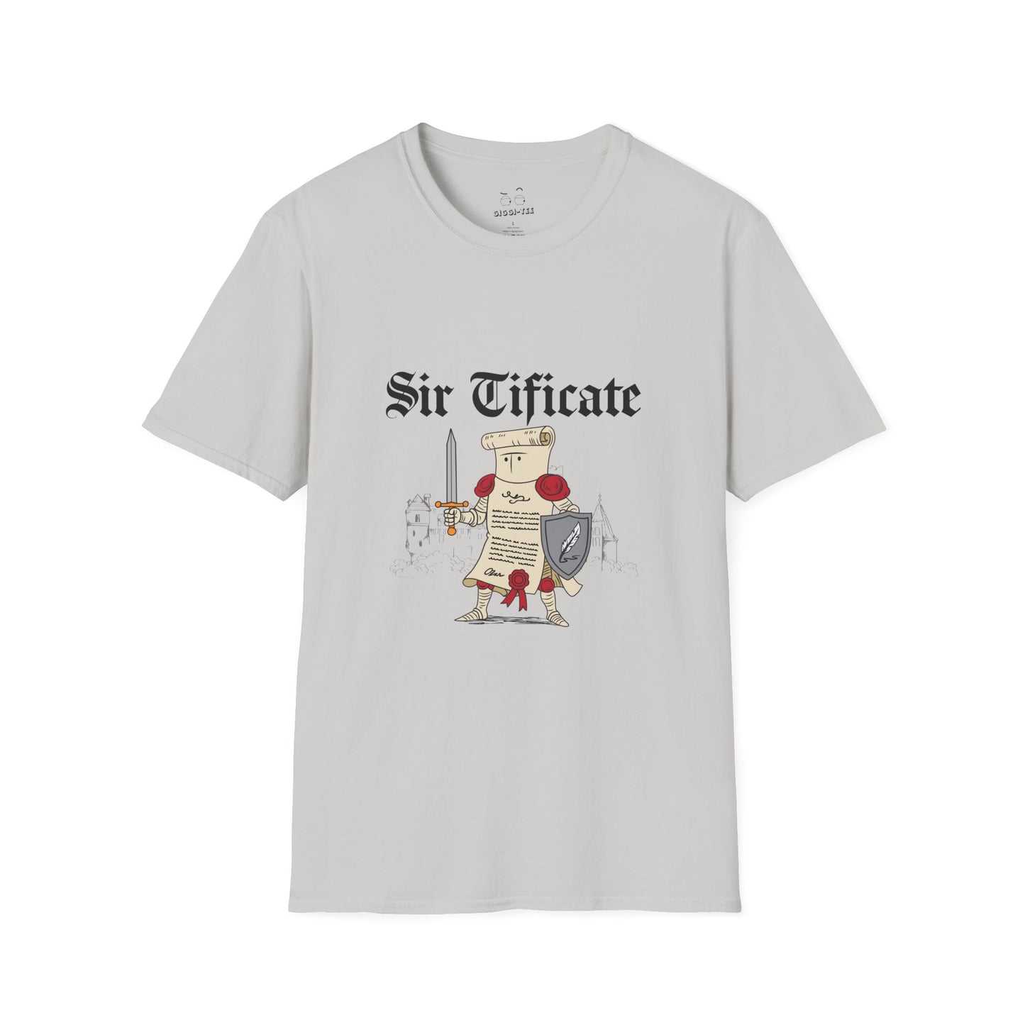 Sir Tificate certificate dressed in knight armor holding a sword and shield, humorous medieval parody design