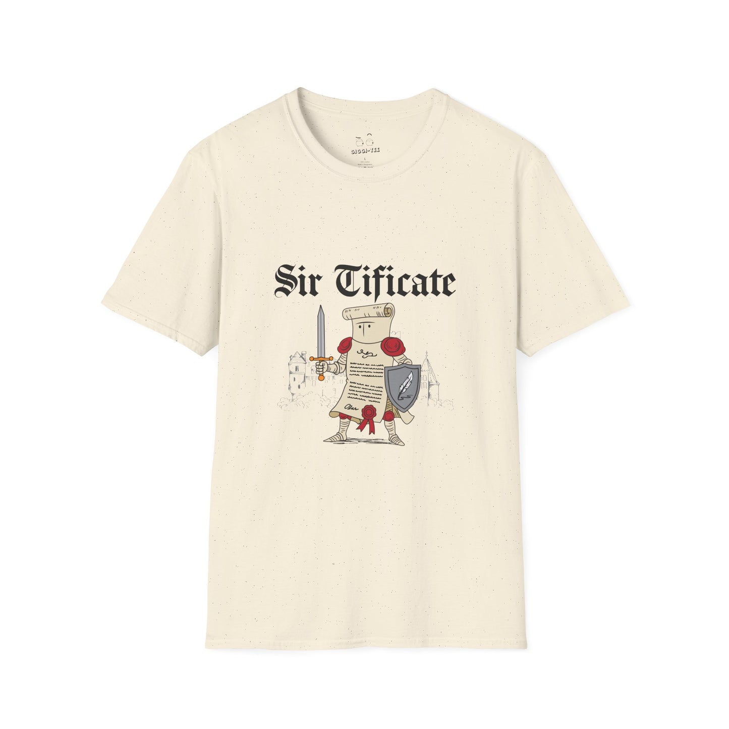 Sir Tificate certificate dressed in knight armor holding a sword and shield, humorous medieval parody design