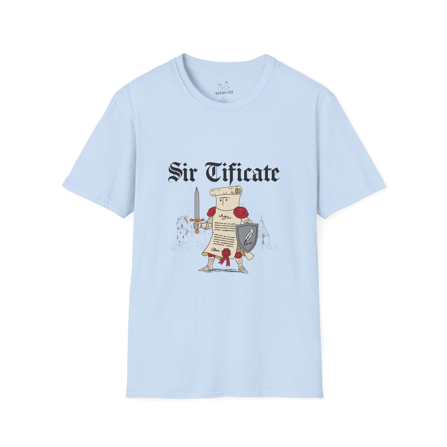 Sir Tificate certificate dressed in knight armor holding a sword and shield, humorous medieval parody design