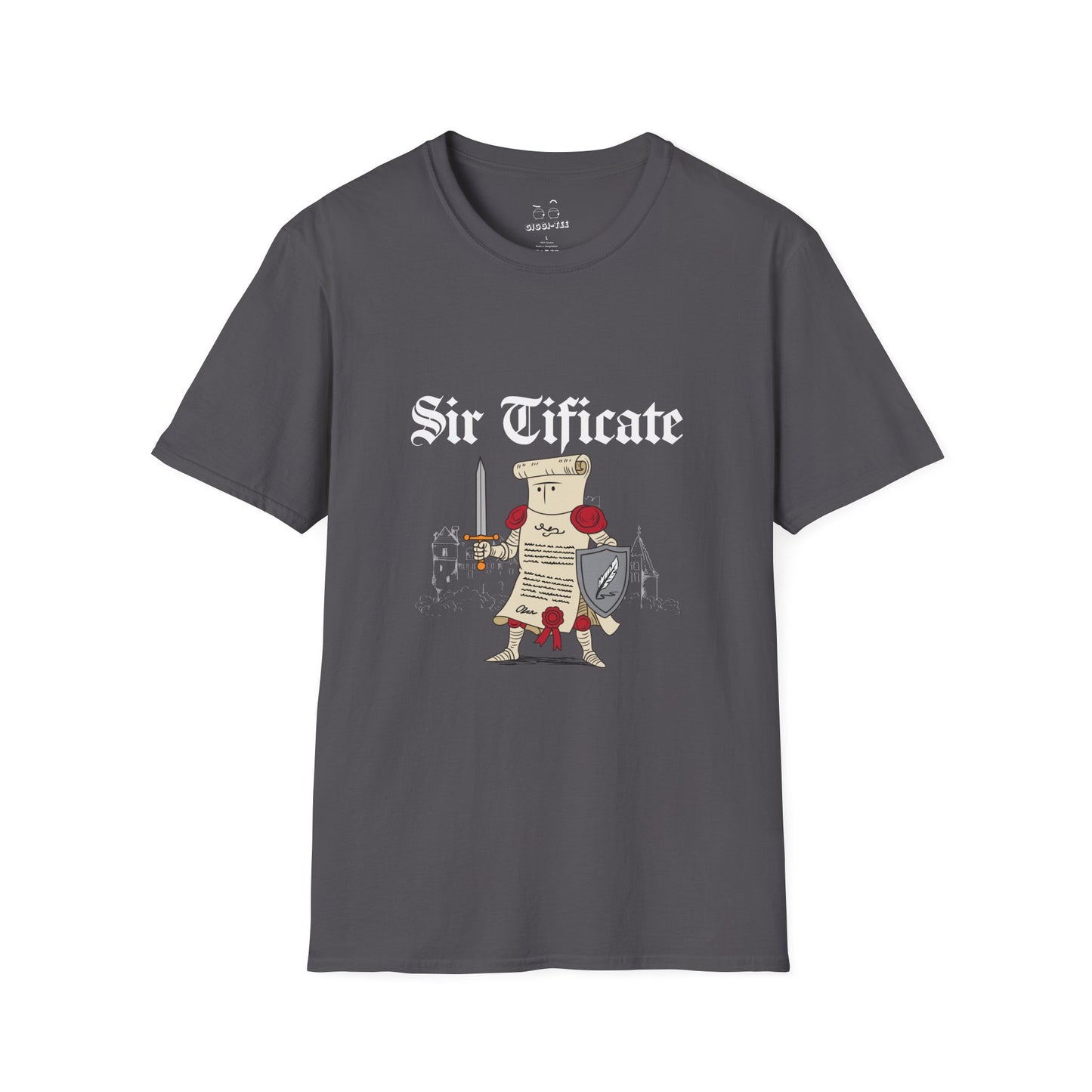 Sir Tificate certificate dressed in knight armor holding a sword and shield, humorous medieval parody design