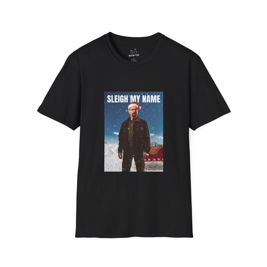 Walter White wearing a Santa hat with a sleigh full of blue meth bags and a leather money bag on a snowy background “Sleigh My Name” Christmas shirt design