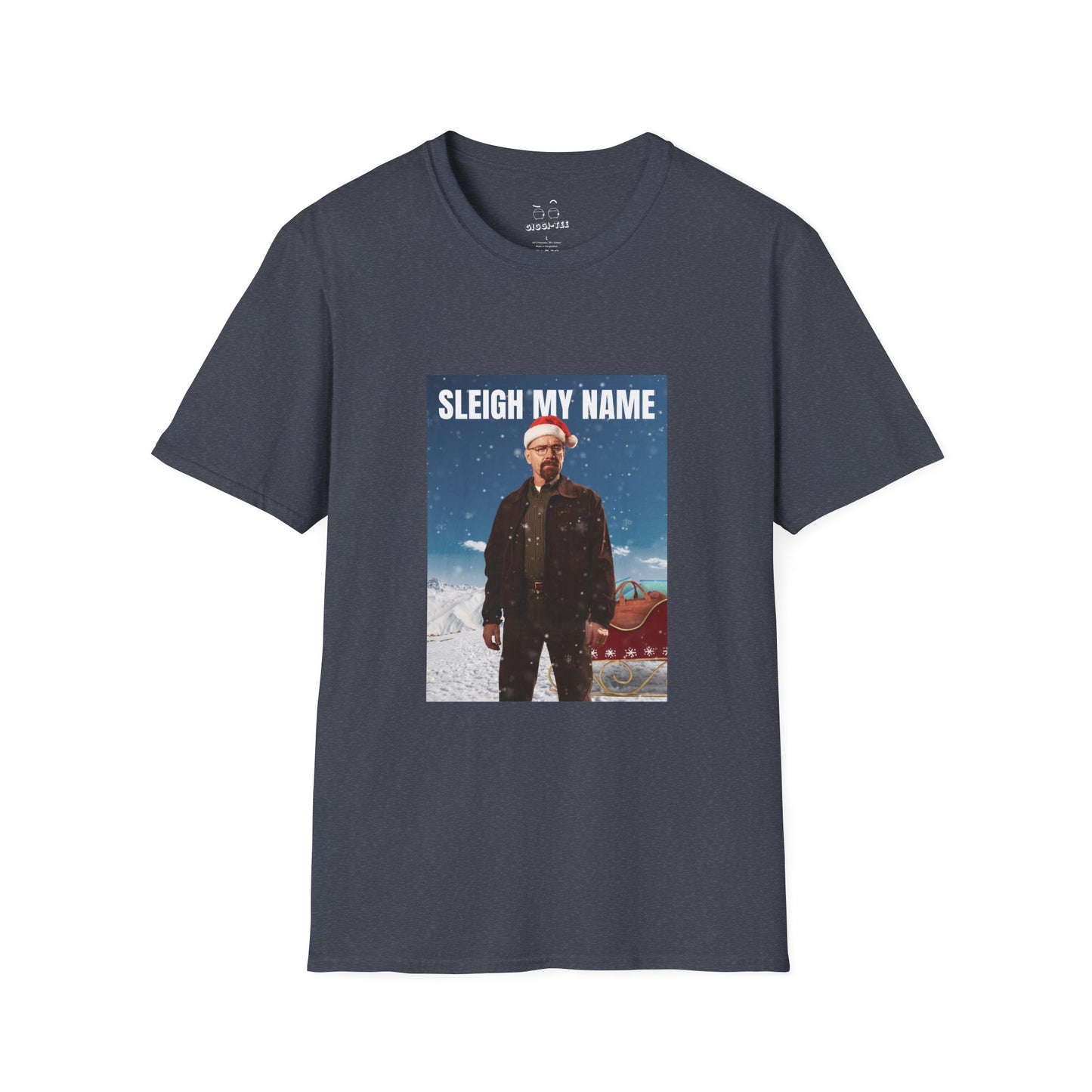 Walter White wearing a Santa hat with a sleigh full of blue meth bags and a leather money bag on a snowy background “Sleigh My Name” Christmas shirt design