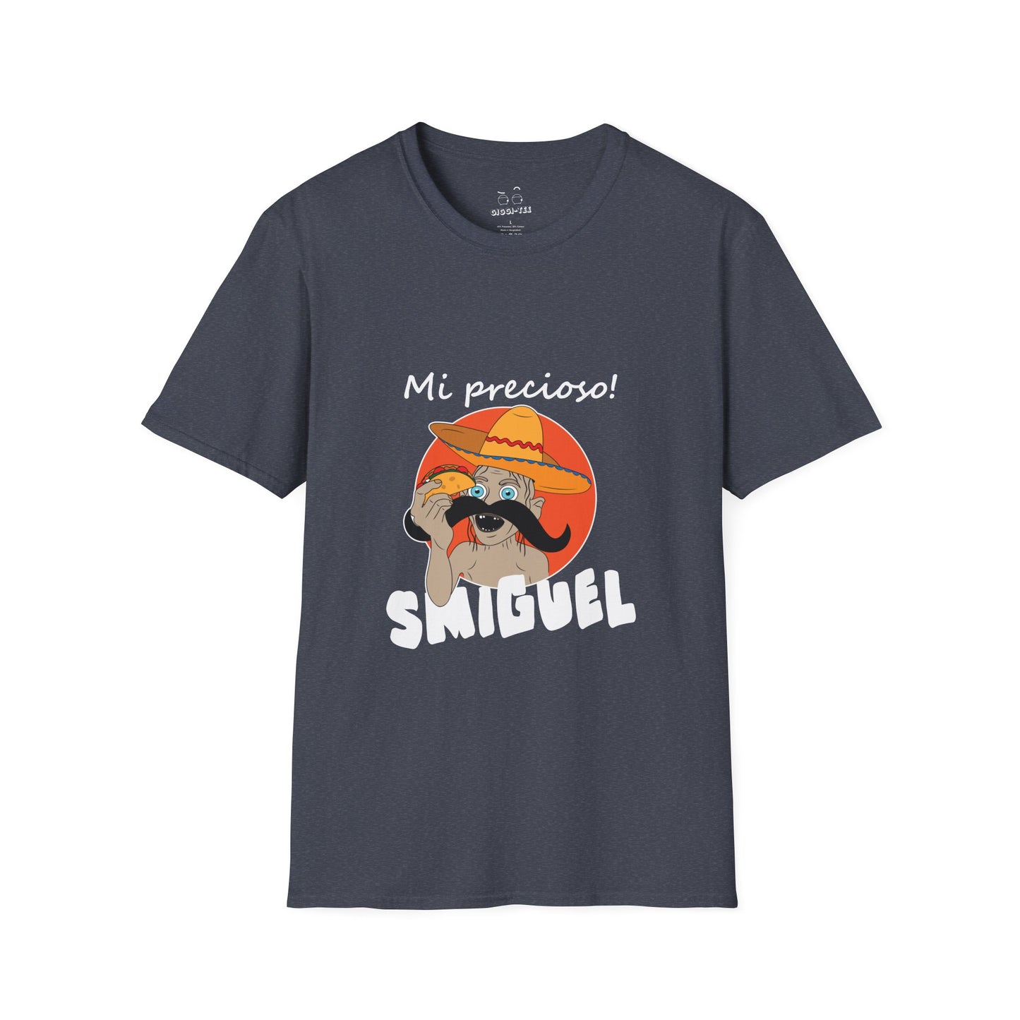 Illustration of Sméagol reimagined as a Mexican character called "Smiguel," wearing a sombrero, clutching a taco instead of the One Ring, with the phrase “mi precioso” in stylized lettering.