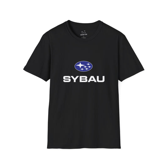 Parody Subaru logo t-shirt using SYBAU text slang design in oval star emblem style