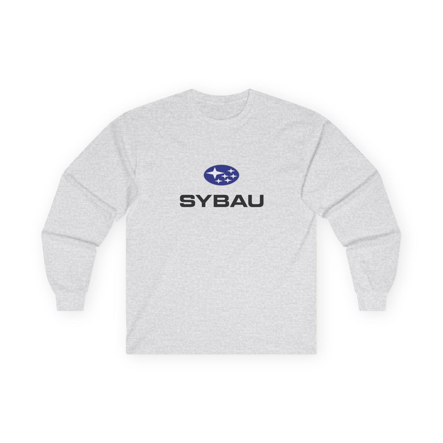 Parody Subaru logo t-shirt using SYBAU text slang design in oval star emblem style