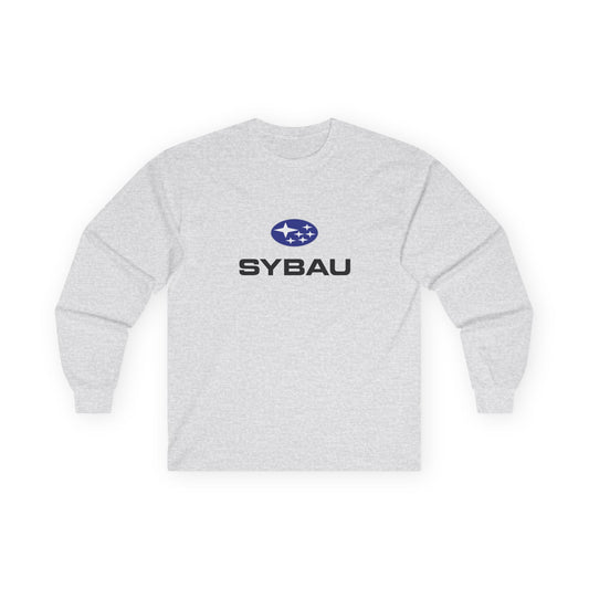 Parody Subaru logo t-shirt using SYBAU text slang design in oval star emblem style