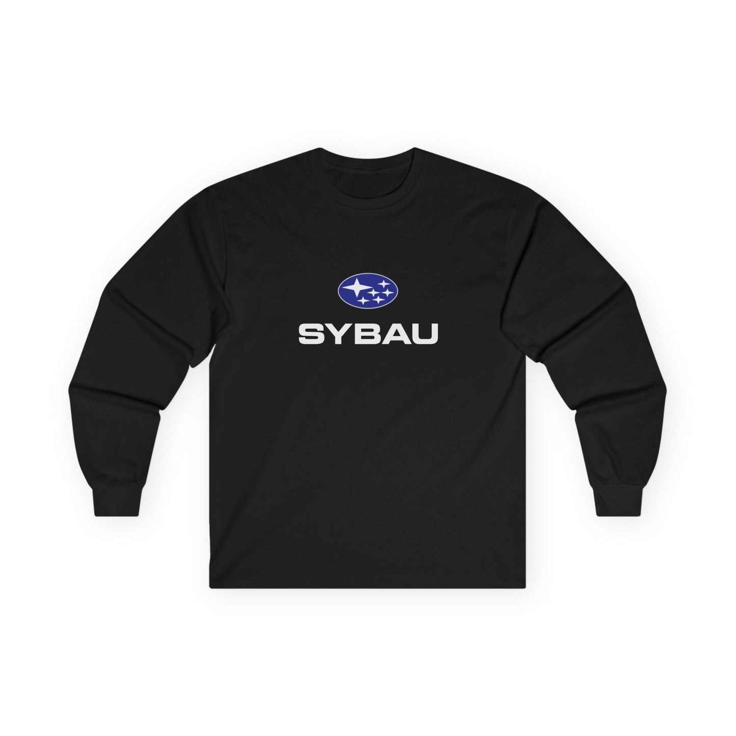 Parody Subaru logo t-shirt using SYBAU text slang design in oval star emblem style