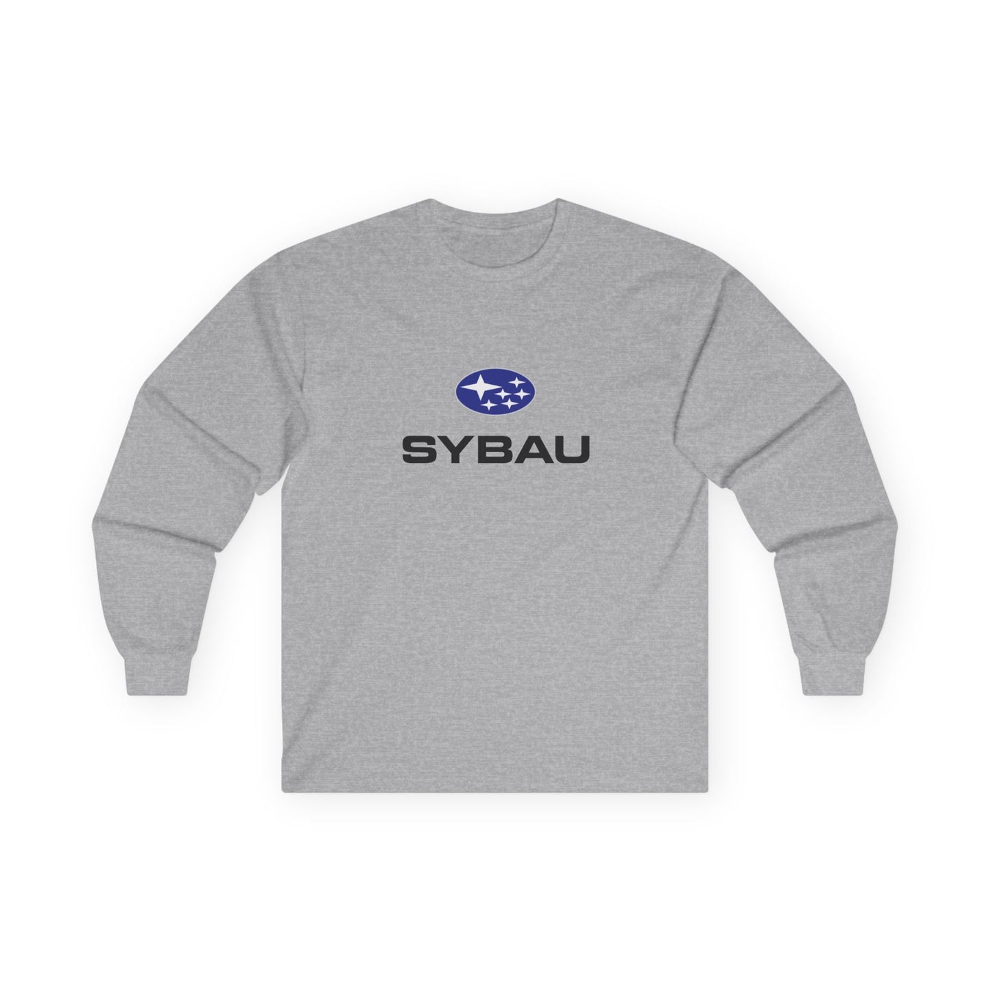 Parody Subaru logo t-shirt using SYBAU text slang design in oval star emblem style