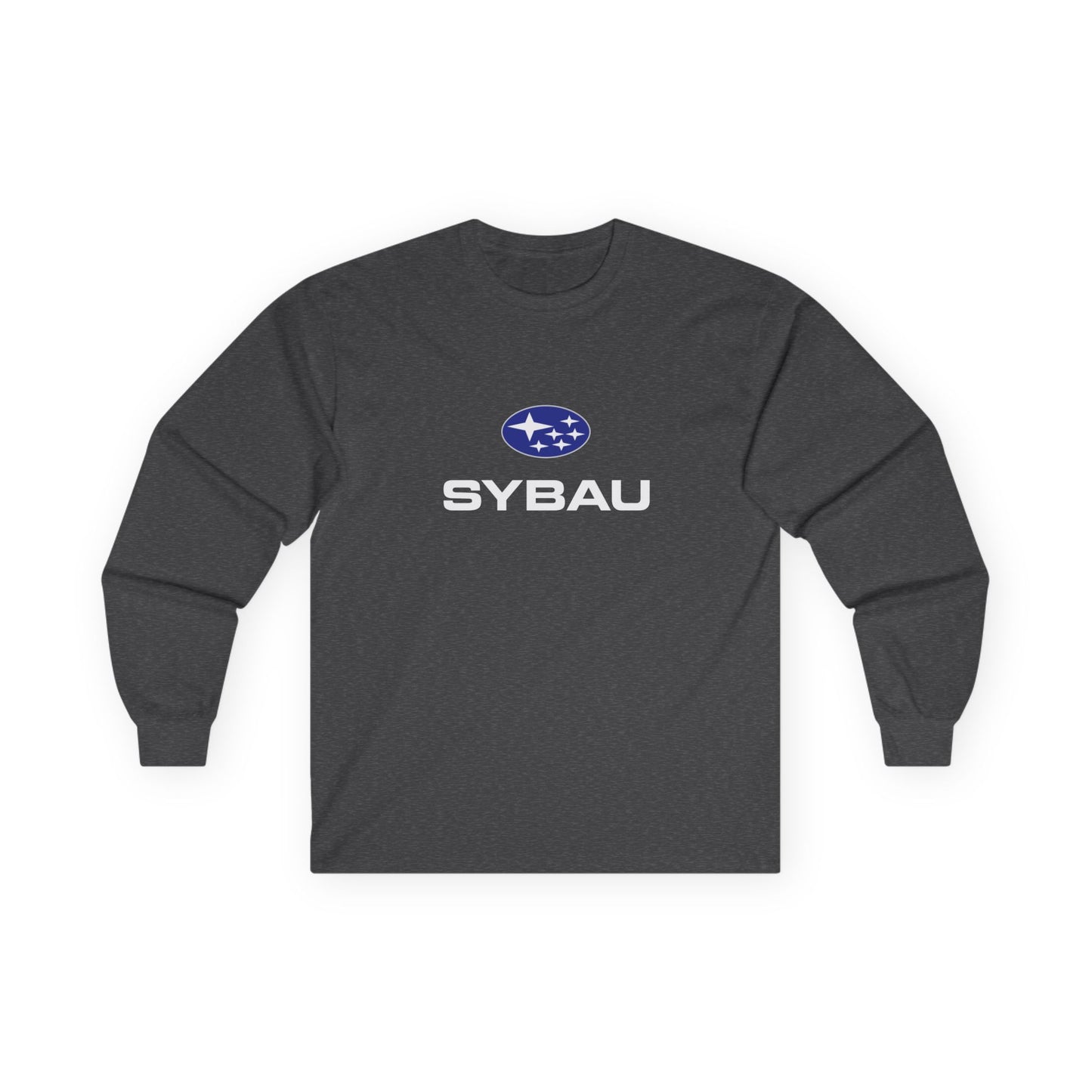 Parody Subaru logo t-shirt using SYBAU text slang design in oval star emblem style