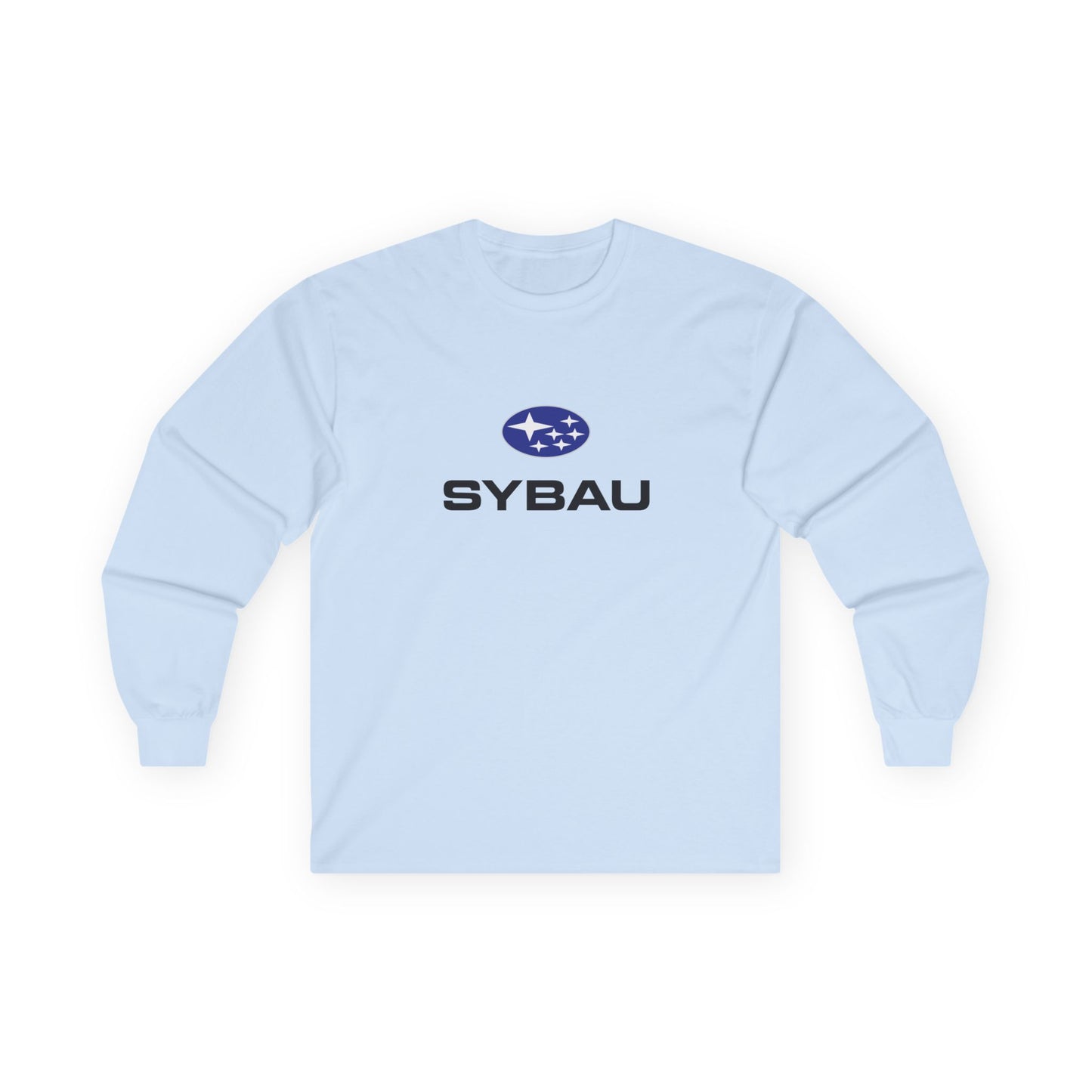 Parody Subaru logo t-shirt using SYBAU text slang design in oval star emblem style