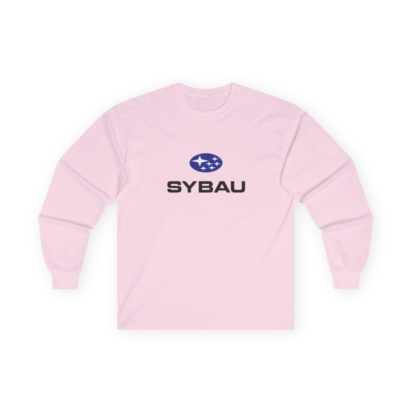 Parody Subaru logo t-shirt using SYBAU text slang design in oval star emblem style