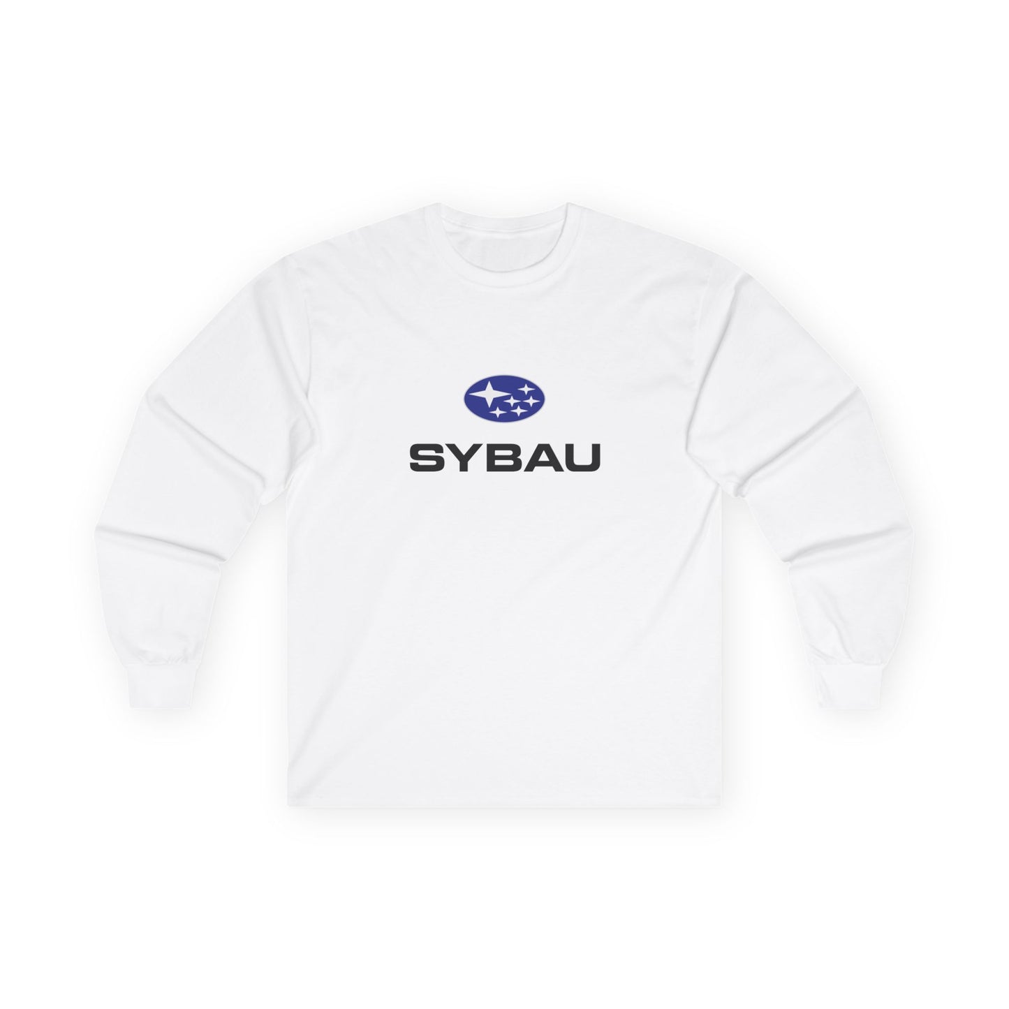 Parody Subaru logo t-shirt using SYBAU text slang design in oval star emblem style