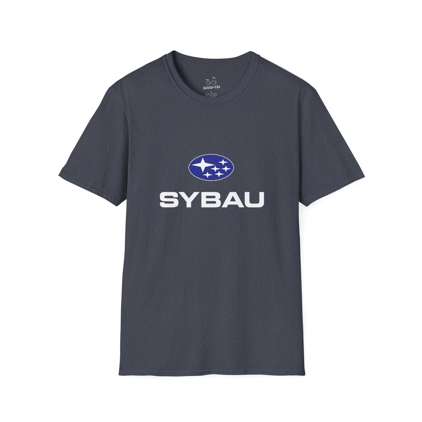 Parody Subaru logo t-shirt using SYBAU text slang design in oval star emblem style