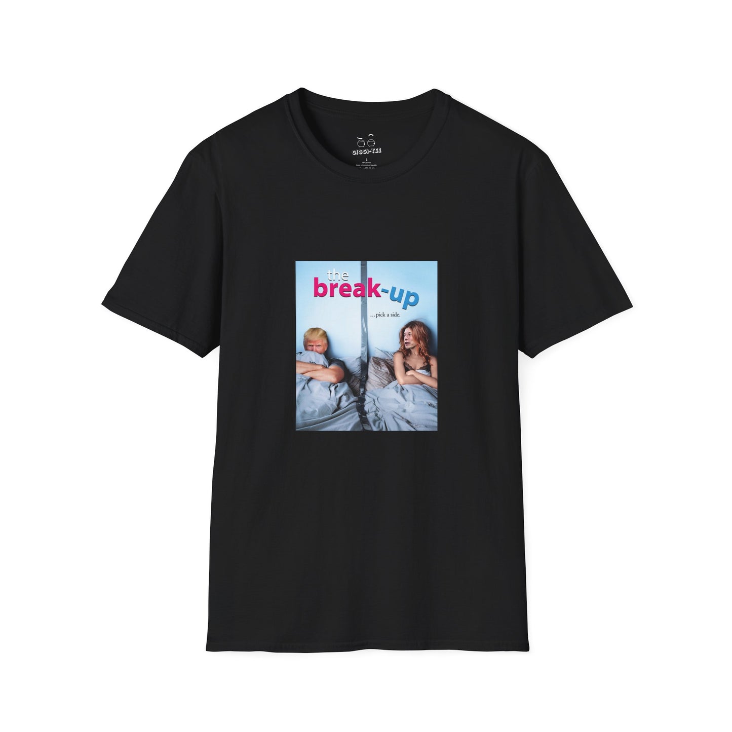 funny political breakup t-shirt with satirical twist, parody of The Break-Up movie poster featuring Donald Trump and Elon Musk