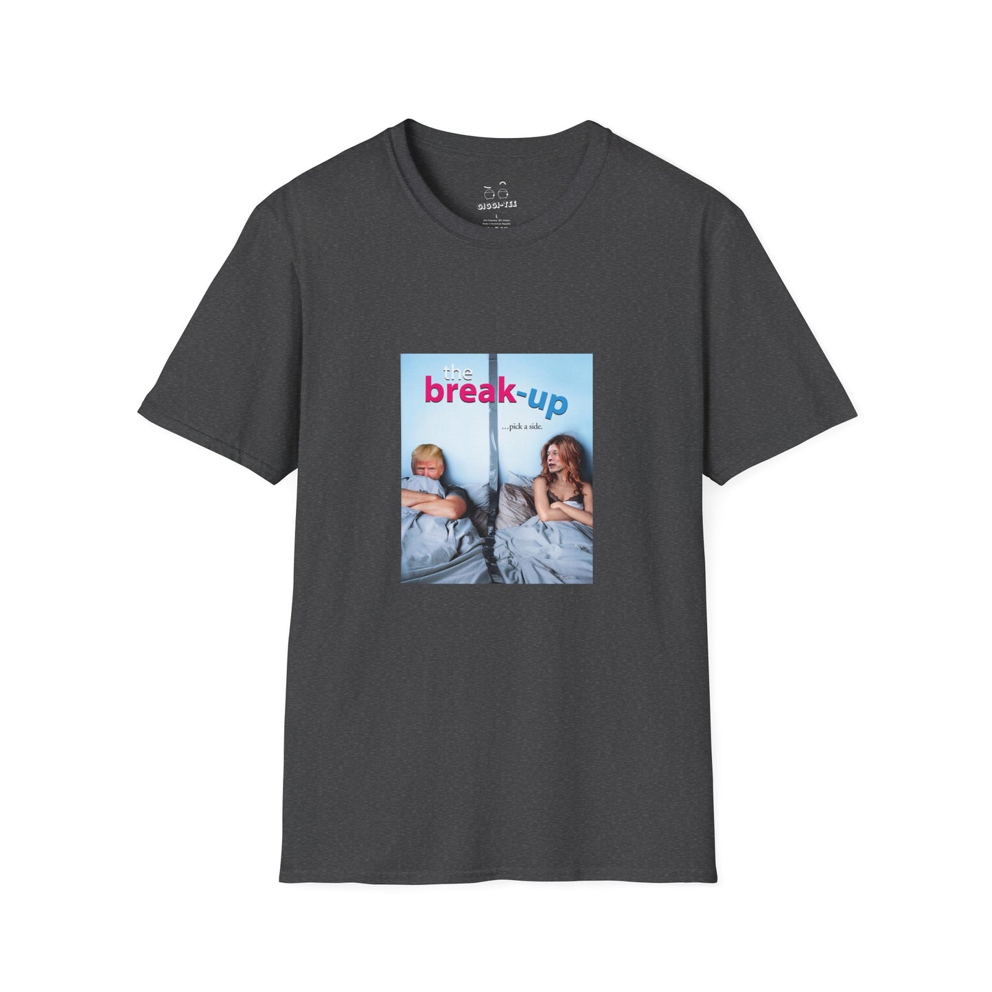 funny political breakup t-shirt with satirical twist, parody of The Break-Up movie poster featuring Donald Trump and Elon Musk