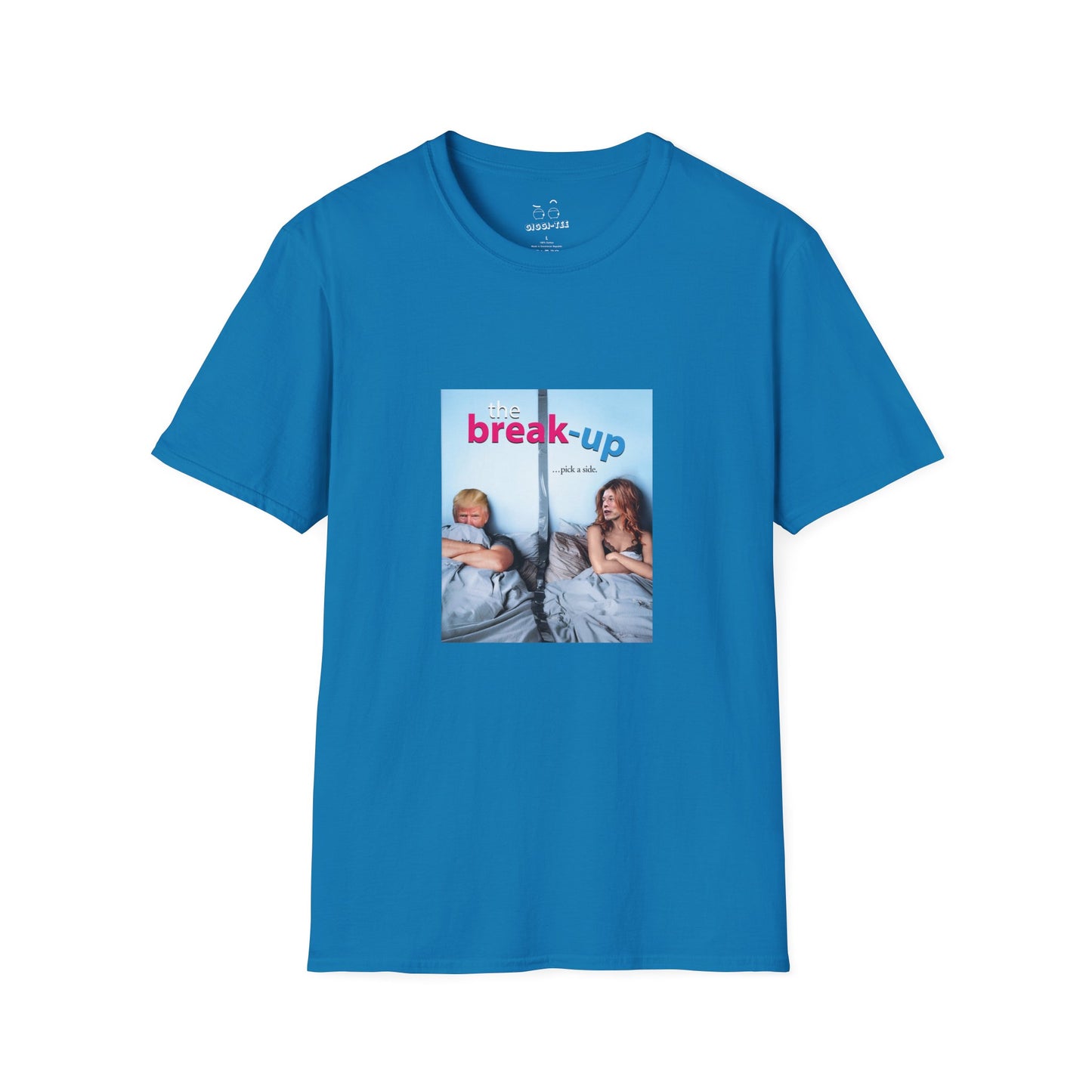 funny political breakup t-shirt with satirical twist, parody of The Break-Up movie poster featuring Donald Trump and Elon Musk