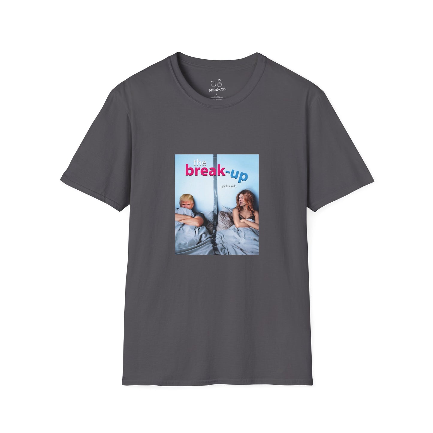 funny political breakup t-shirt with satirical twist, parody of The Break-Up movie poster featuring Donald Trump and Elon Musk