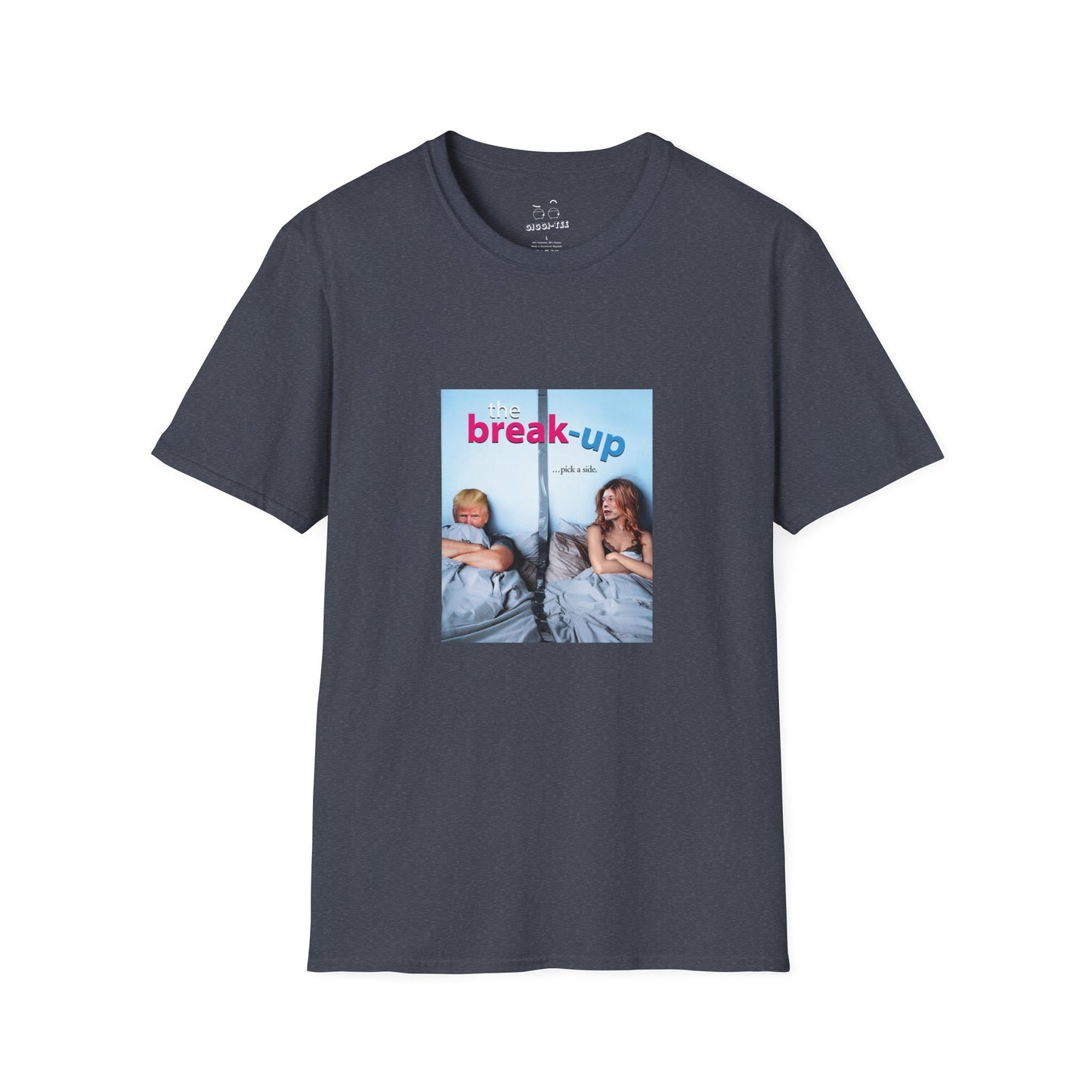 funny political breakup t-shirt with satirical twist, parody of The Break-Up movie poster featuring Donald Trump and Elon Musk