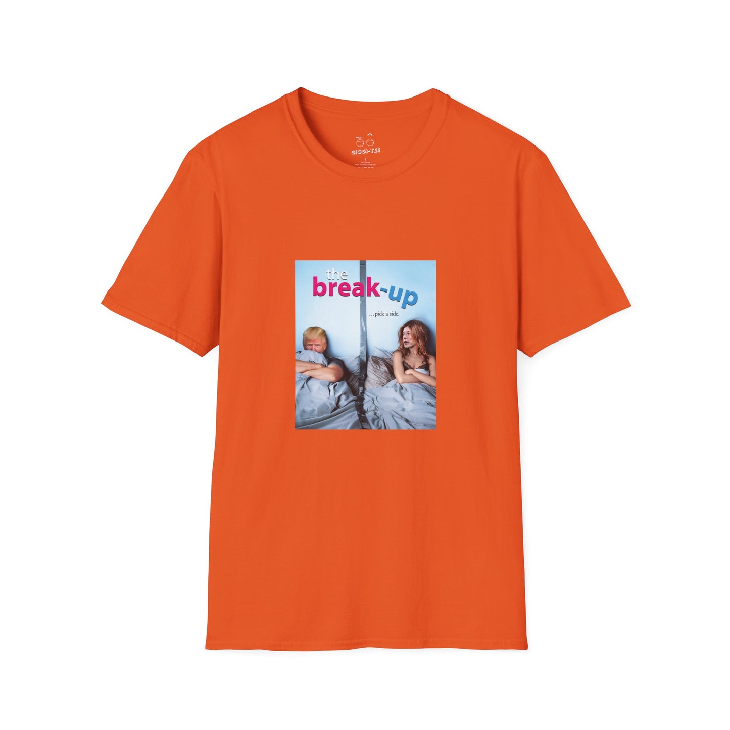 funny political breakup t-shirt with satirical twist, parody of The Break-Up movie poster featuring Donald Trump and Elon Musk