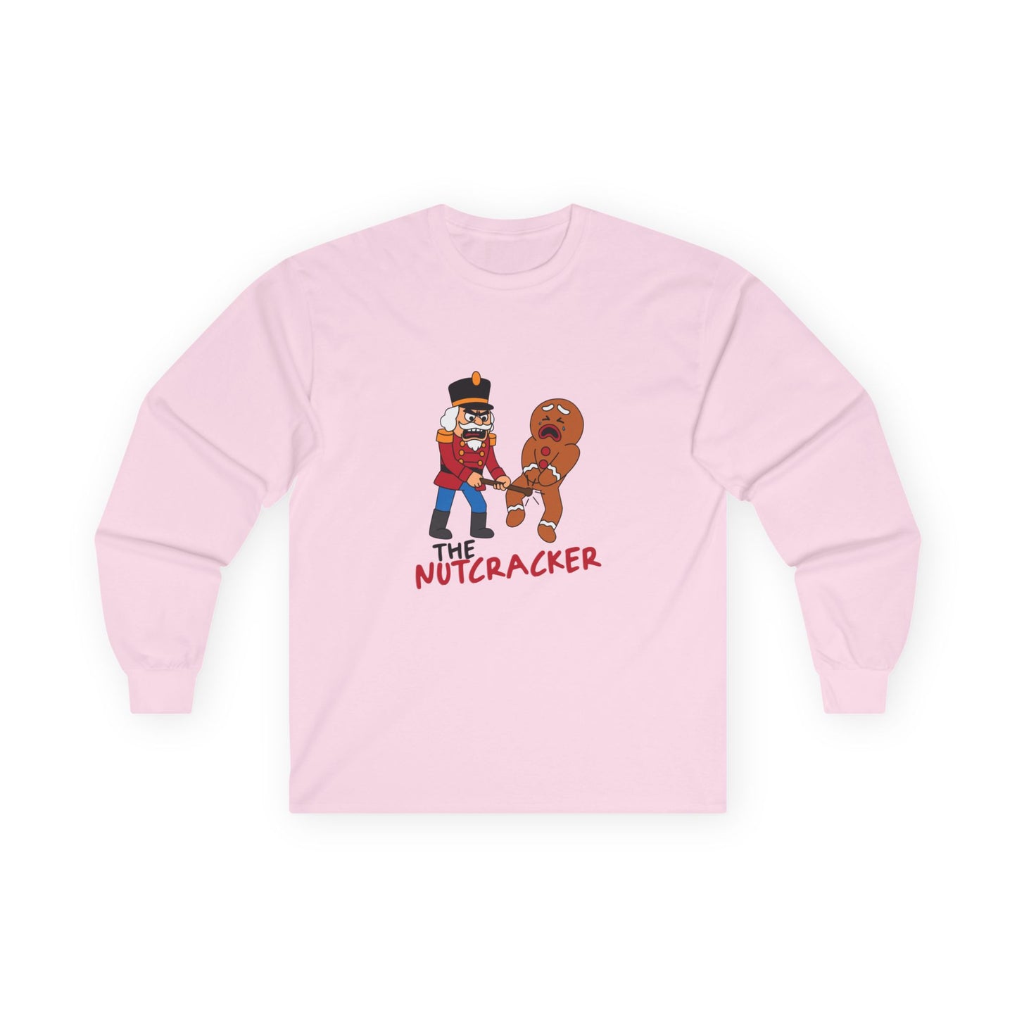 Cartoon nutcracker hitting a gingerbread man in the nuts with a baton, funny Christmas pun illustration.