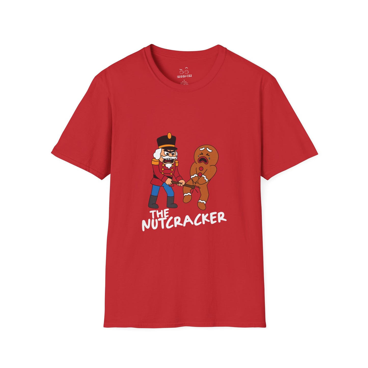 Cartoon nutcracker hitting a gingerbread man in the nuts with a baton, funny Christmas pun illustration.