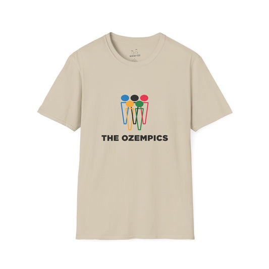 Parody graphic reading “The Ozempics” with six Ozempic-style “i” shapes arranged like the Olympic logo in blue, yellow, green, red, and black.