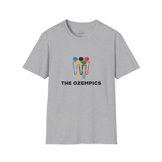Parody graphic reading “The Ozempics” with six Ozempic-style “i” shapes arranged like the Olympic logo in blue, yellow, green, red, and black.