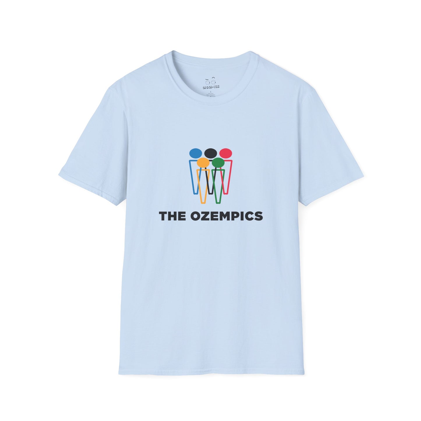 Parody graphic reading “The Ozempics” with six Ozempic-style “i” shapes arranged like the Olympic logo in blue, yellow, green, red, and black.