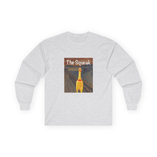 Parody of The Scream painting featuring a squeaky rubber chicken in place of the screaming figure on a t-shirt design.