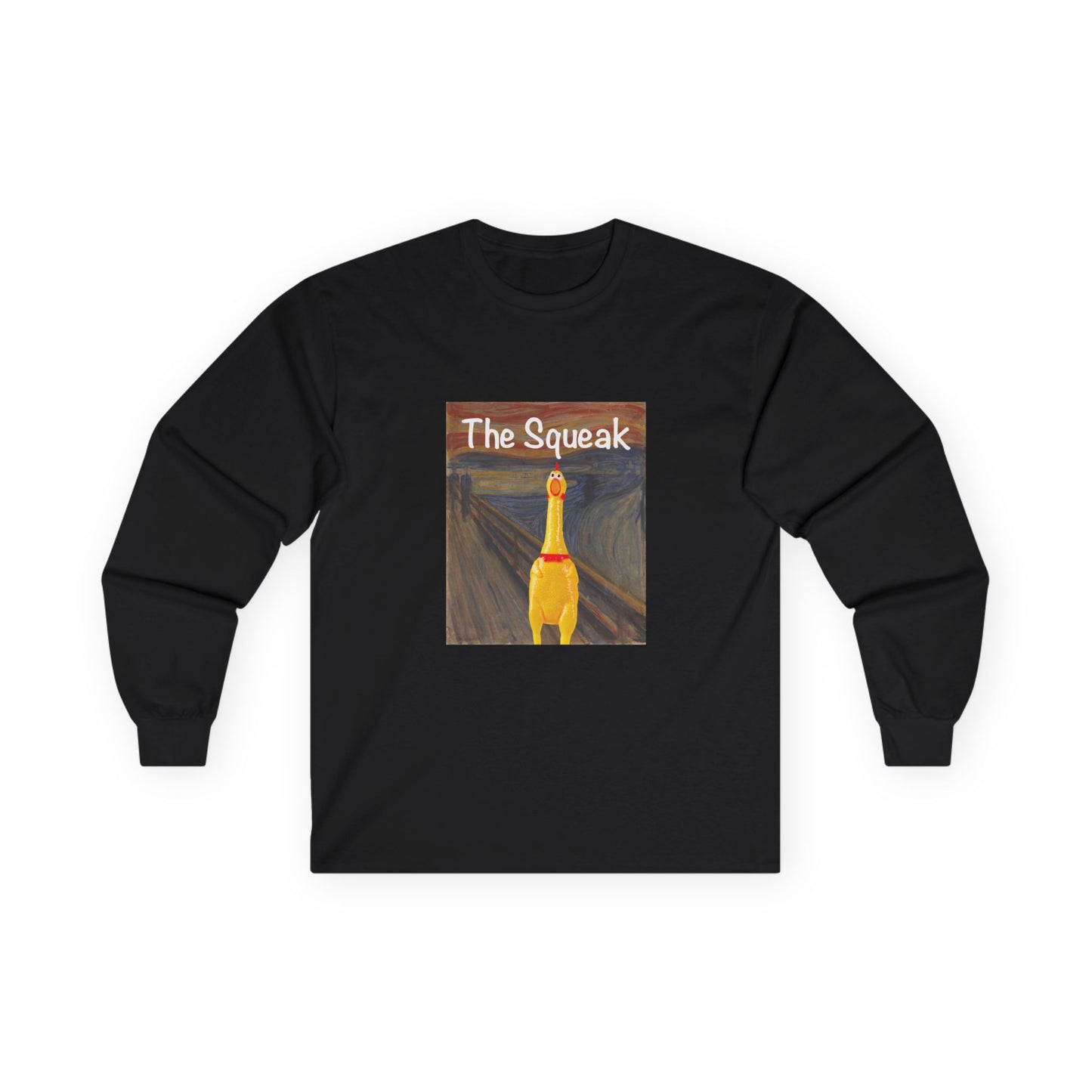 Parody of The Scream painting featuring a squeaky rubber chicken in place of the screaming figure on a t-shirt design.