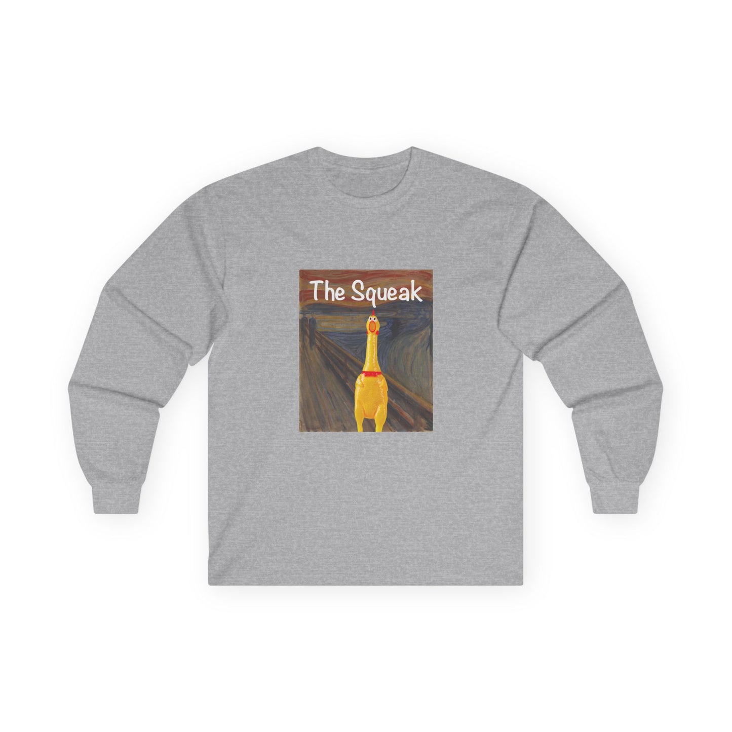 Parody of The Scream painting featuring a squeaky rubber chicken in place of the screaming figure on a t-shirt design.