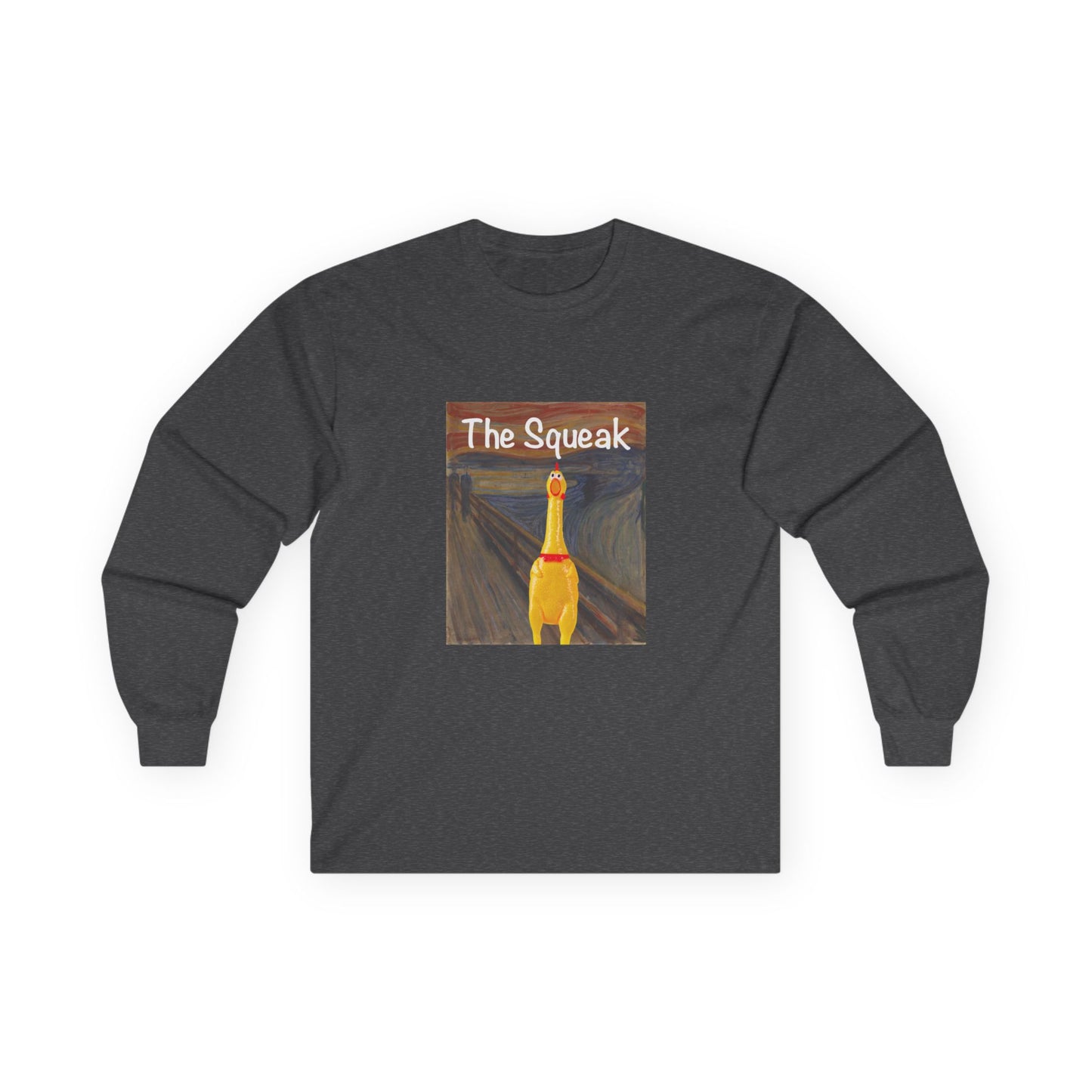 Parody of The Scream painting featuring a squeaky rubber chicken in place of the screaming figure on a t-shirt design.