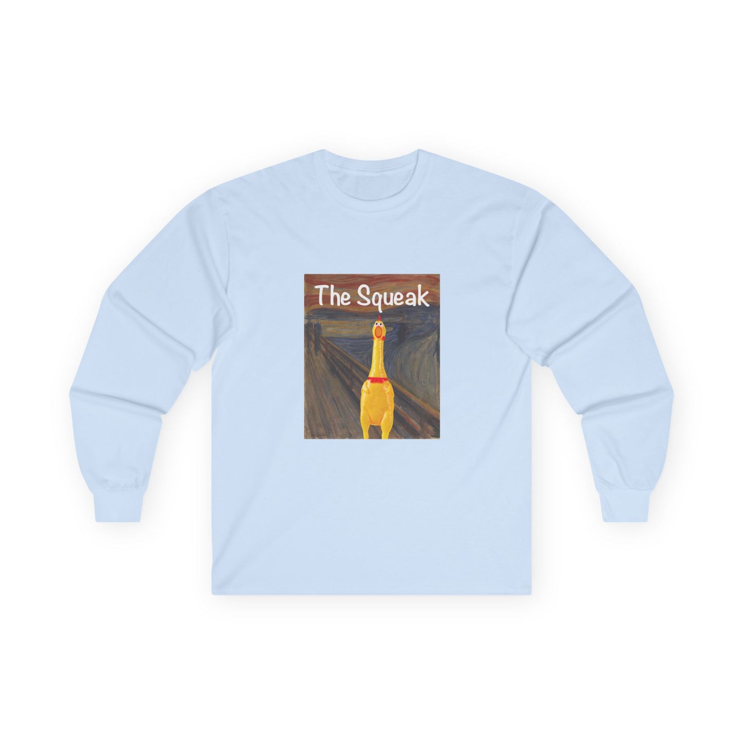 Parody of The Scream painting featuring a squeaky rubber chicken in place of the screaming figure on a t-shirt design.