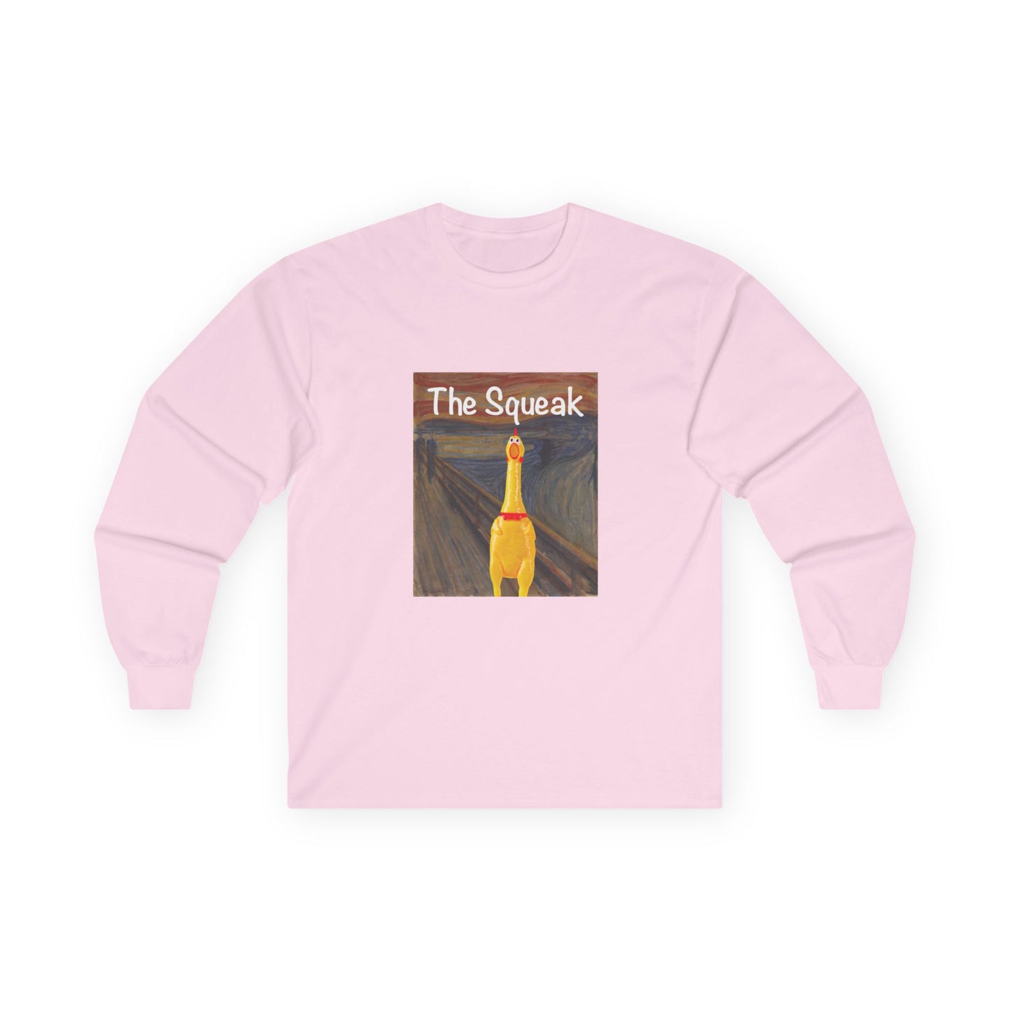 Parody of The Scream painting featuring a squeaky rubber chicken in place of the screaming figure on a t-shirt design.