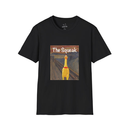 Parody of The Scream painting featuring a squeaky rubber chicken in place of the screaming figure on a t-shirt design.