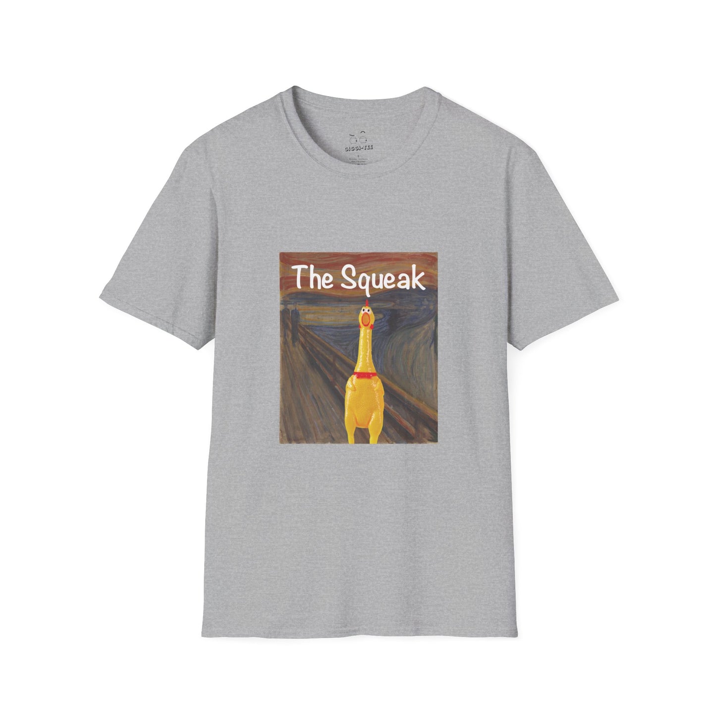 Parody of The Scream painting featuring a squeaky rubber chicken in place of the screaming figure on a t-shirt design.