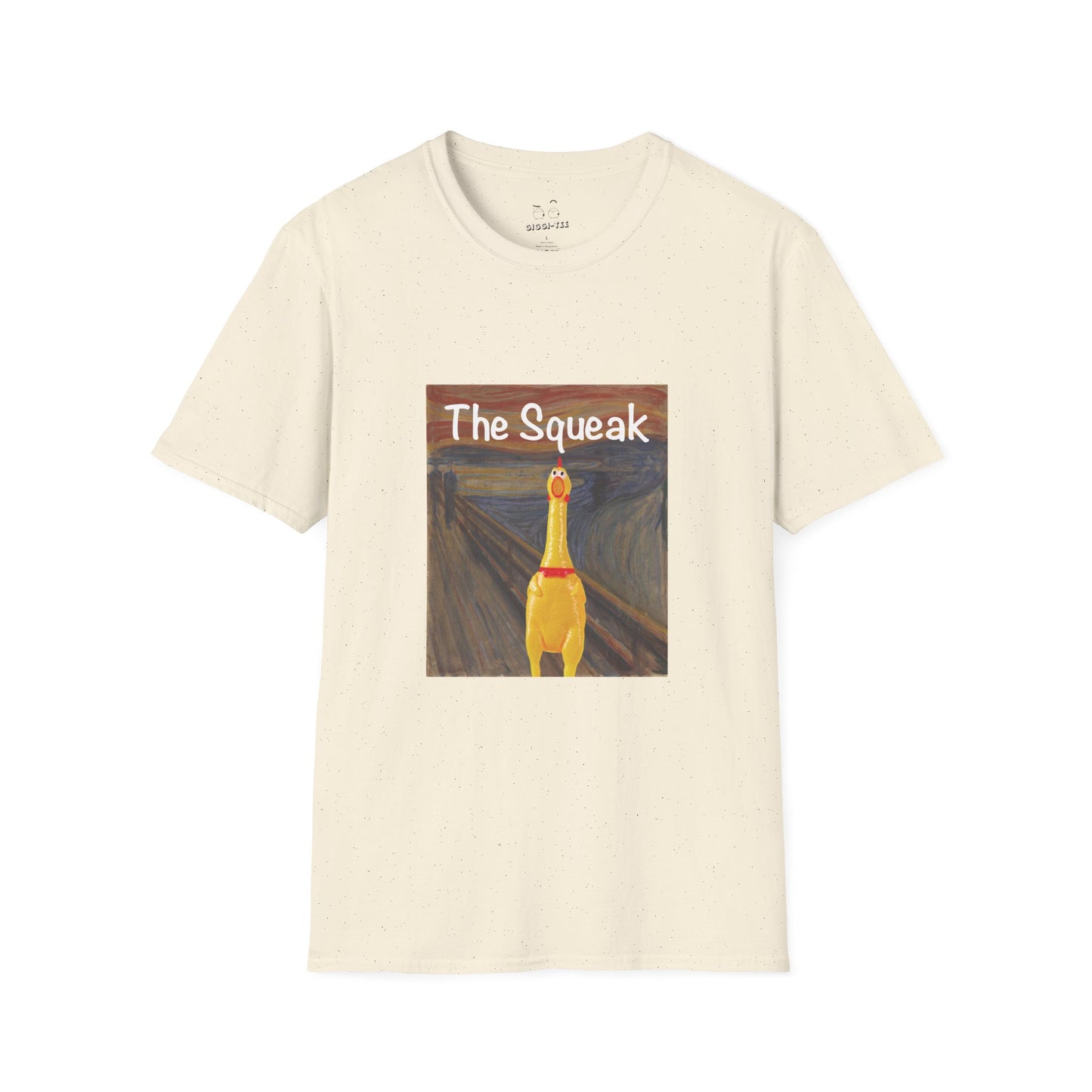 Parody of The Scream painting featuring a squeaky rubber chicken in place of the screaming figure on a t-shirt design.
