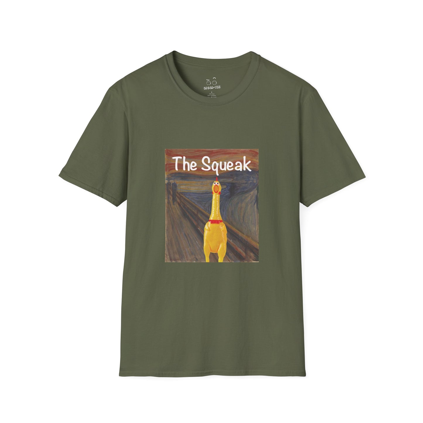 Parody of The Scream painting featuring a squeaky rubber chicken in place of the screaming figure on a t-shirt design.
