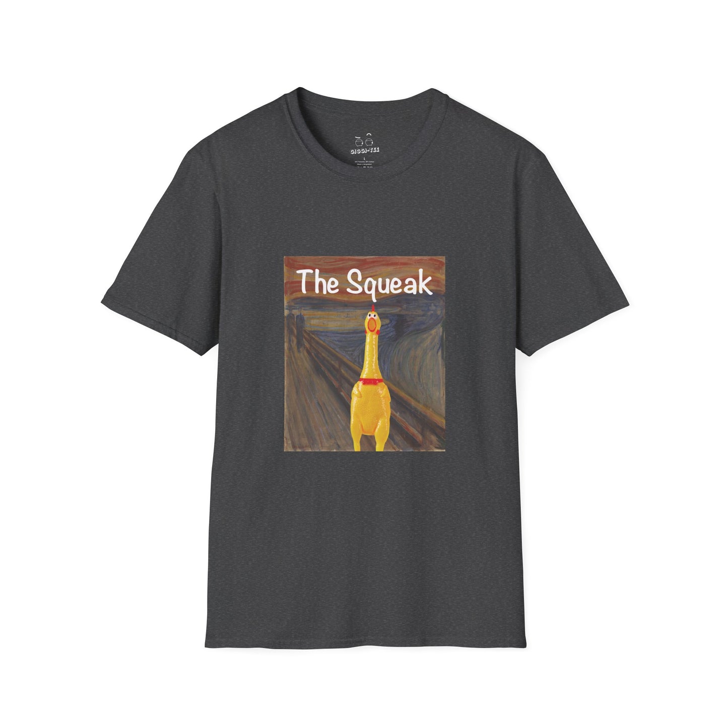 Parody of The Scream painting featuring a squeaky rubber chicken in place of the screaming figure on a t-shirt design.
