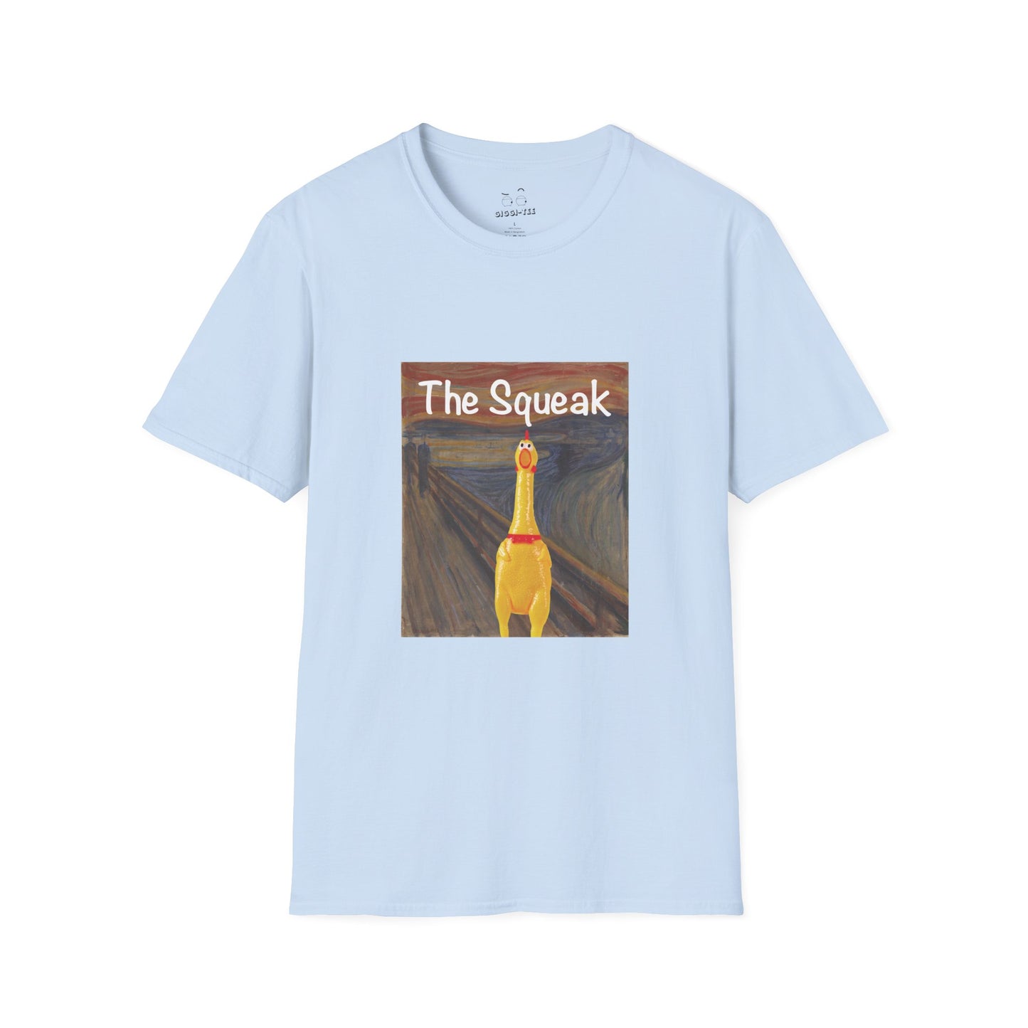 Parody of The Scream painting featuring a squeaky rubber chicken in place of the screaming figure on a t-shirt design.
