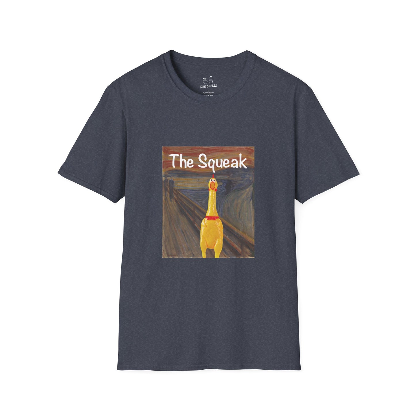 Parody of The Scream painting featuring a squeaky rubber chicken in place of the screaming figure on a t-shirt design.